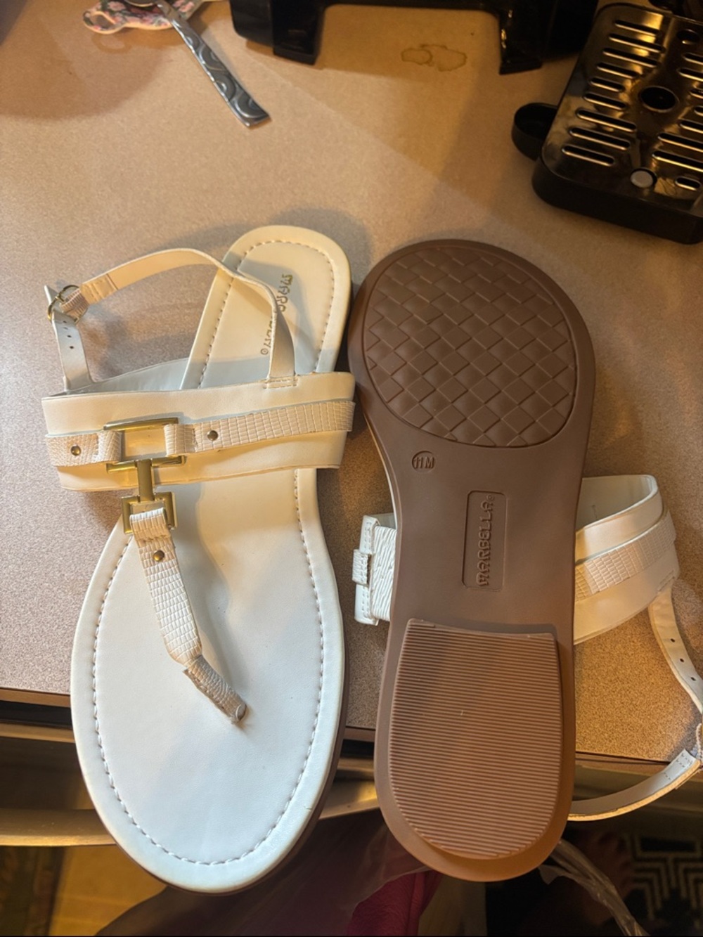 Women’s White T-Strap Sandals with Gold Buckle Accent